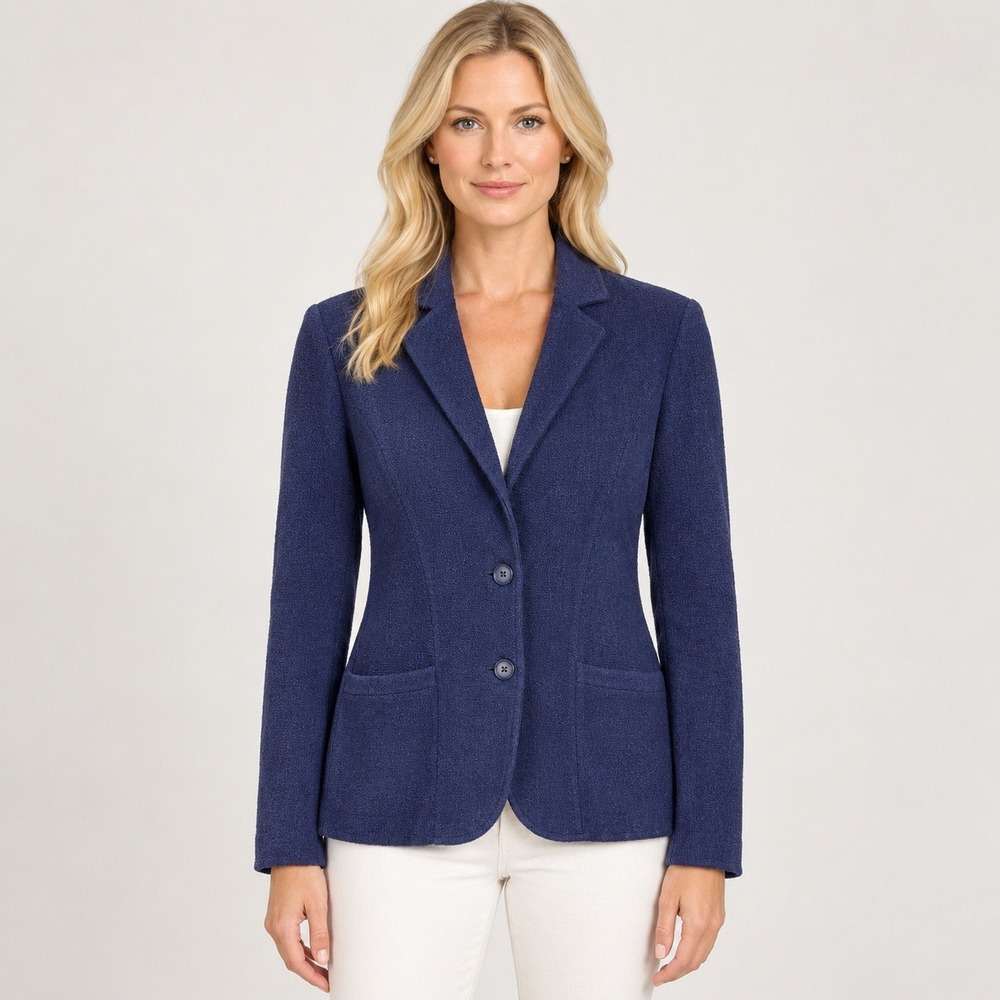 Lands' End Navy Blue Merino Wool Cotton Shawl Collar Open Front Cardigan XS 2-4